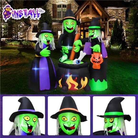 5.9 FT Halloween Decor Inflatable Three Witch Around Cauldron with LED Flashing - Picture 5 of 7